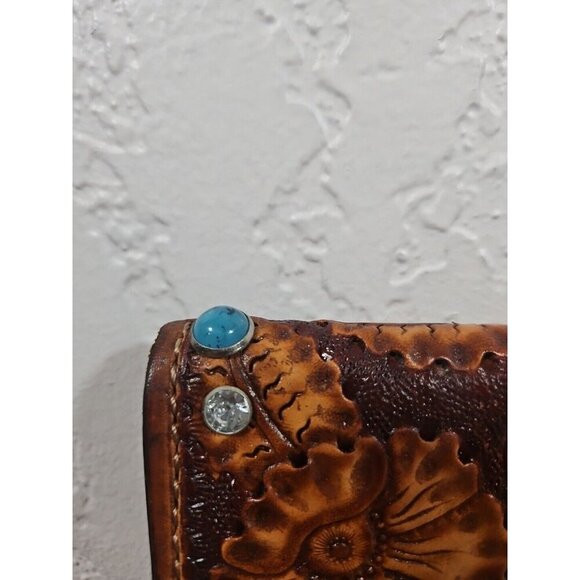 Women's leather embossed floral snap wallet card slots zipper pouch Gem Studded - Picture 3 of 9